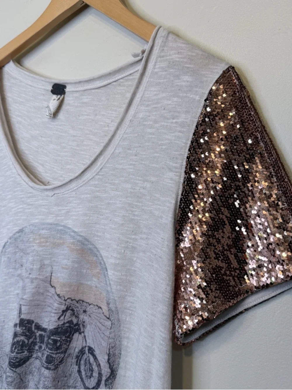 FP WTF | Biker Graphic Tee Short Sequin Sleeves Lightweight Burnout VSCO Shirt - Picture 7 of 14